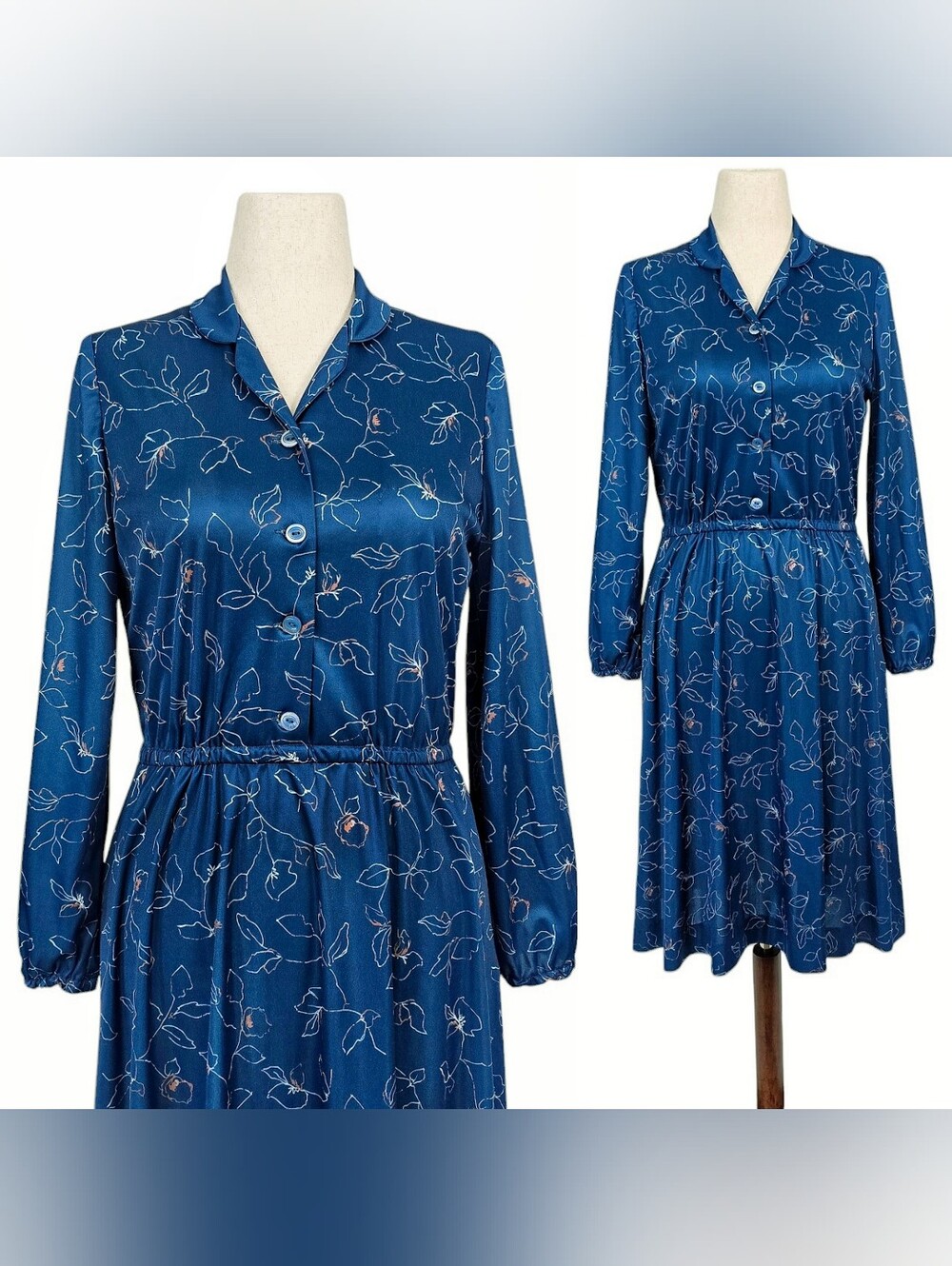 1980s Vintage Dress 80s Shirtwaist Midi Blue V Neck Long Sleeve Medium Secretary
